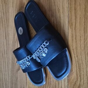 DKNY Black Slide Sandals with Silver Chain Detail, Size 8 NWOB